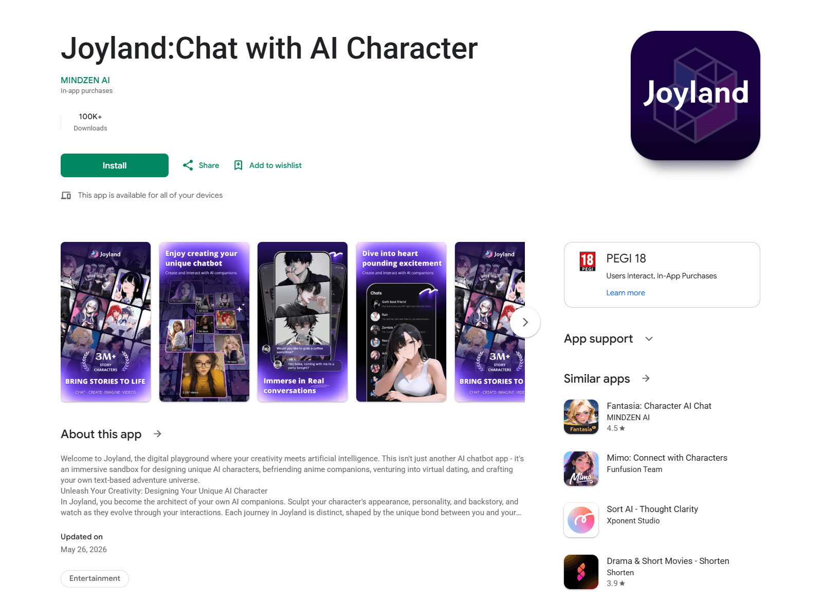Joyland Android app listing