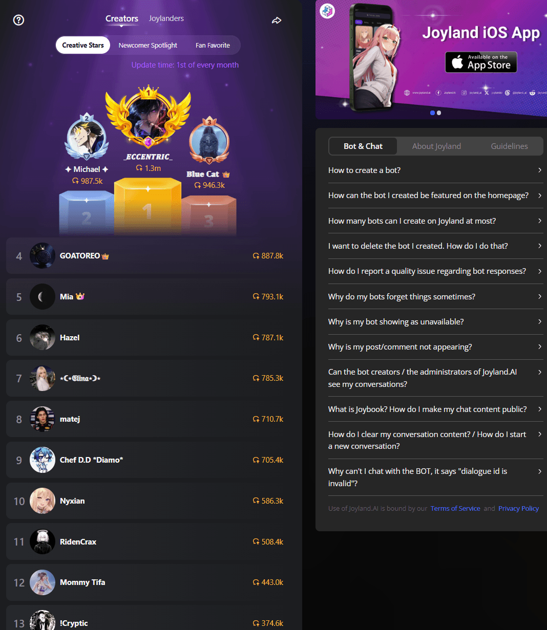 Joyland creator leaderboard and iOS app banner