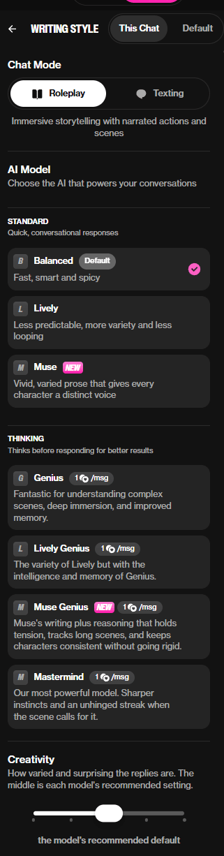 OurDream in-chat tuning options