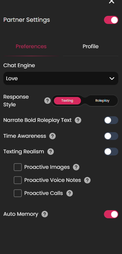 Secret Desires in-chat options