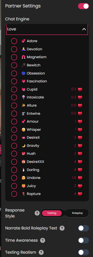 Secret Desires memory and personality settings
