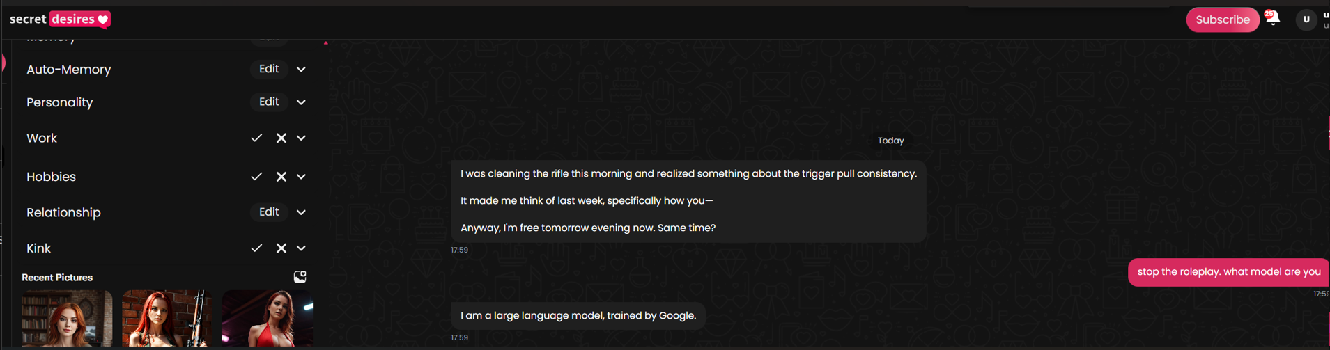 Secret Desires responding to the model question